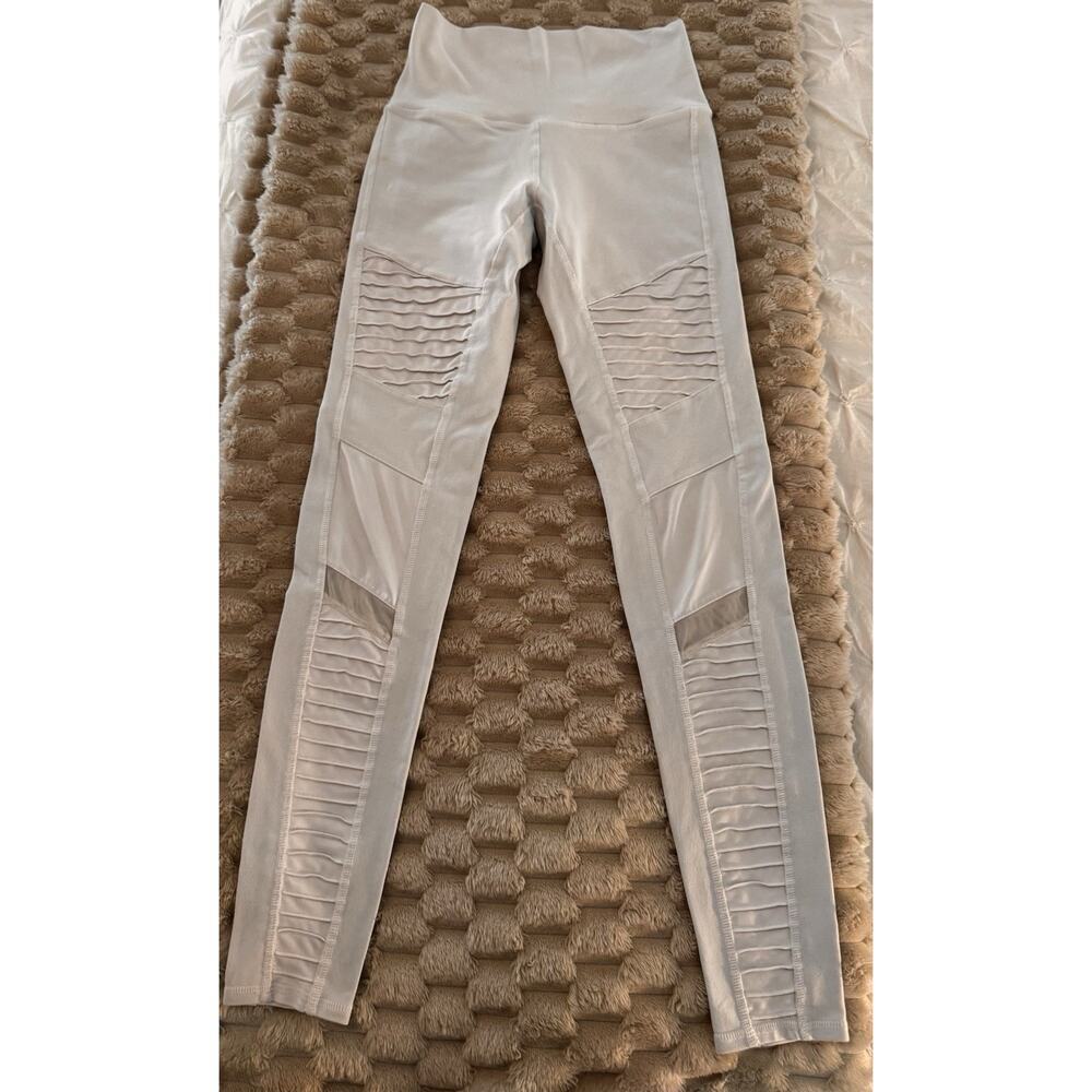 Alo Moto Athletic Leggings Women White Ribbed Accent Mid Rise Athleisure Sz S